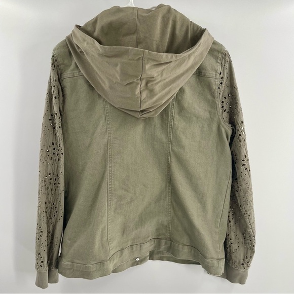 Diane Gilman DG2 Sage Green Denim Lightweight Eyelet Sleeve Hooded Jean Jacket - Picture 7 of 10